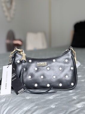 Aimee Kestenberg Billie Black Pearl-Stud Leather Shoulder Bag with Gold Hardware
